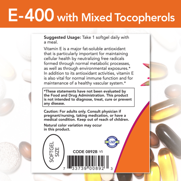 Vitamin E-400 With Mixed Tocopherols - 100 Softgels - Image 2