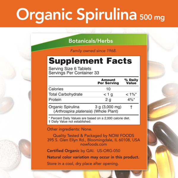 Spirulina 500 mg, Organic - 200 Tablets - Image 2