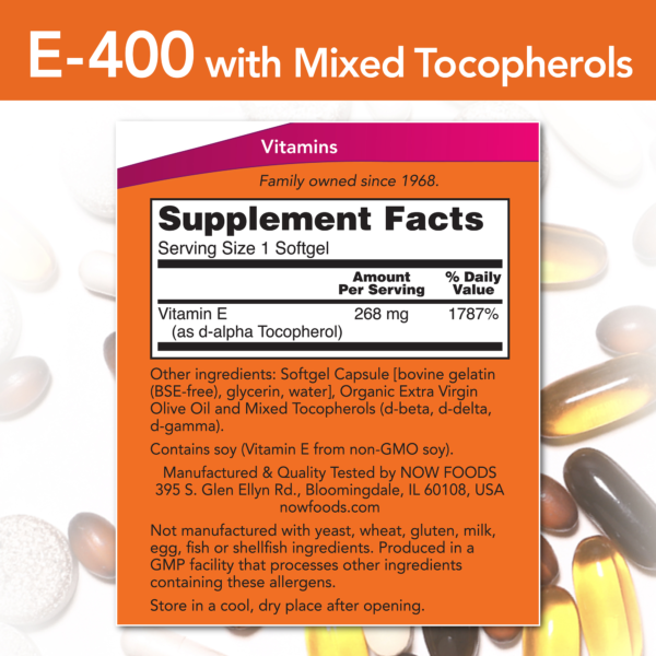 Vitamin E-400 With Mixed Tocopherols - 100 Softgels - Image 3